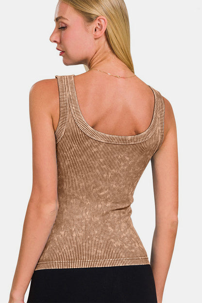 Shapeshifter 2 Way Neckline Washed Ribbed Cropped Tank - Mocha