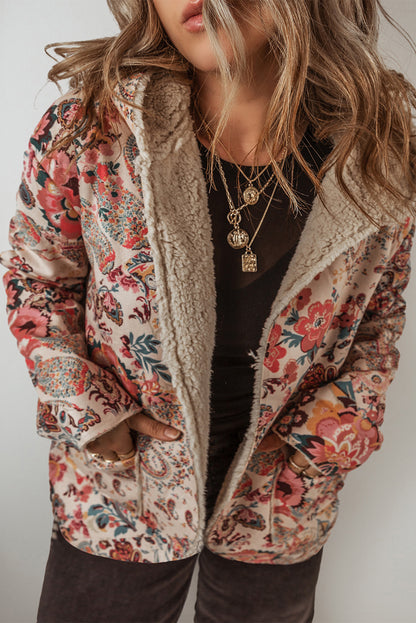 Gallery Opening Vintage Paisley Floral Printed Sherpa Lined Hooded Jacket