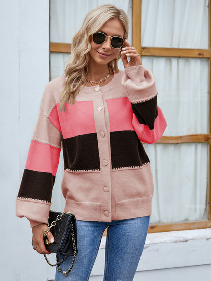 Tell-Tale Thread Color Block Button Up Lantern Sleeve Cardigan