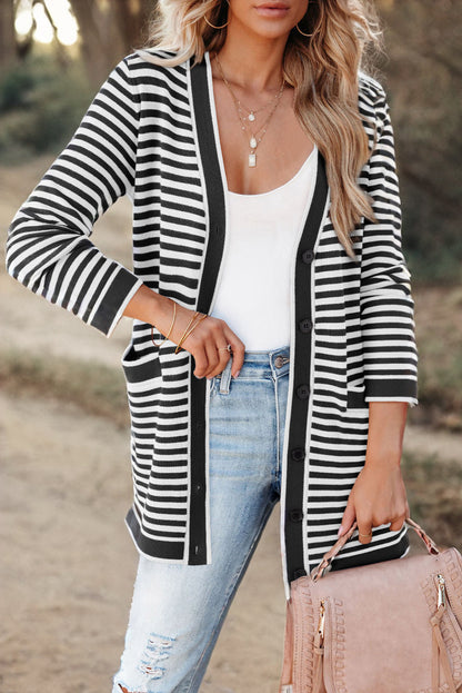 Optical Stripes Open Front Long Sleeve Cardigan