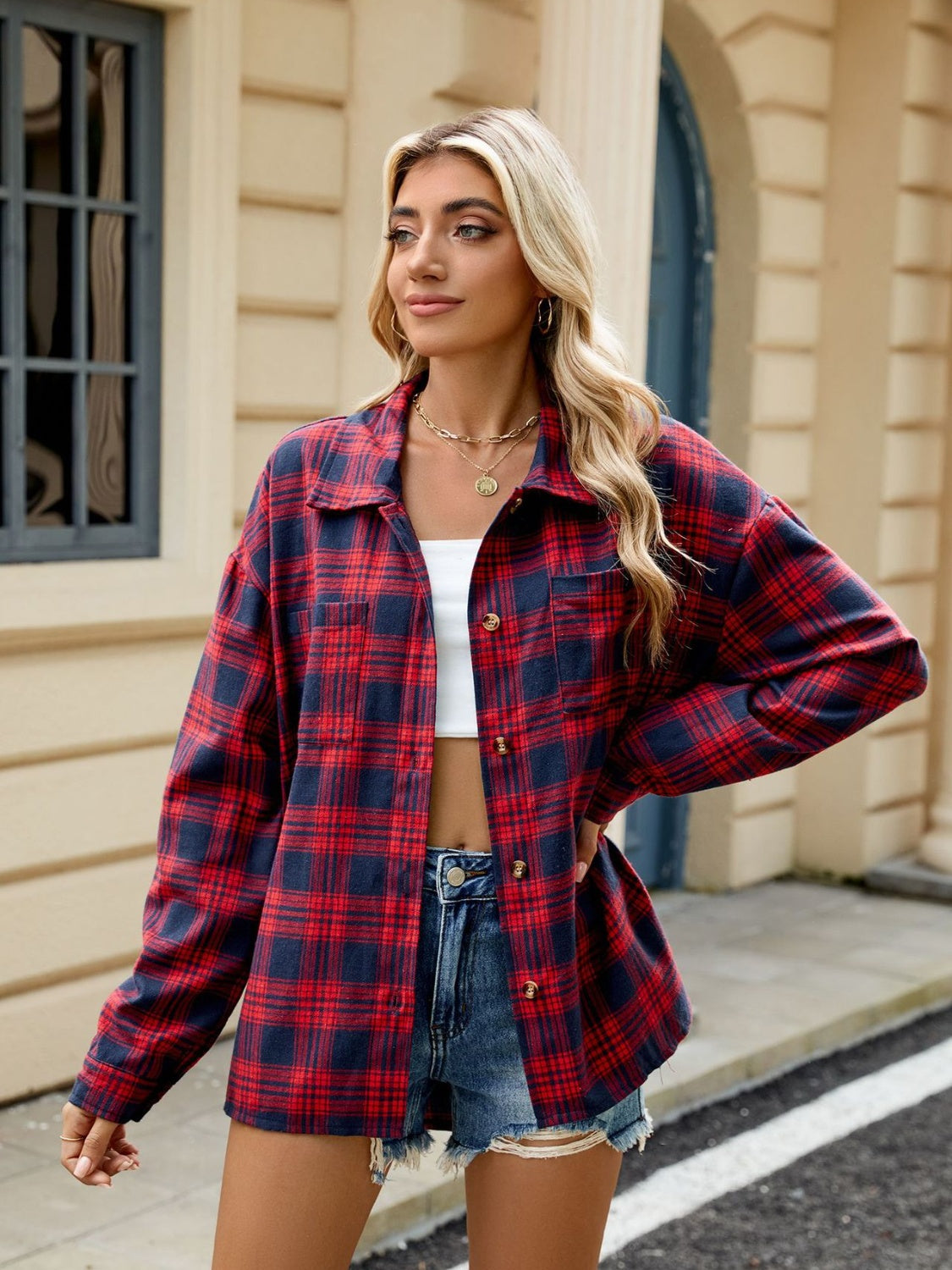 Twilight Tartan Plaid Saddle Shoulder Long Sleeve Shirt