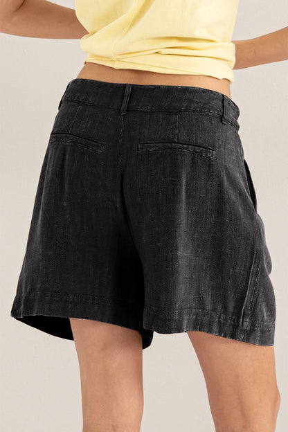 Raven Wings High Waist Mineral Washed Linen Shorts - Onyx