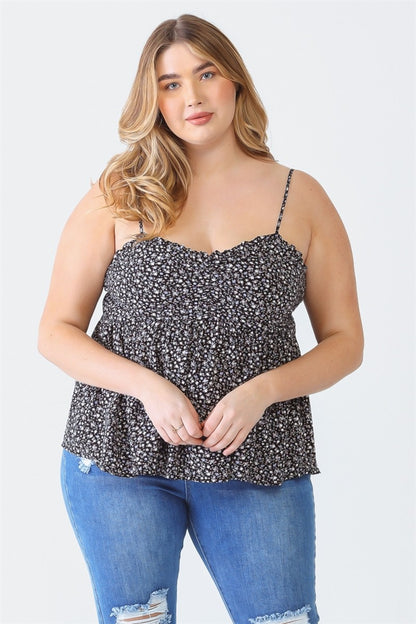 Enchanté Plus Size Frill Smocked Floral Sweetheart Neck Cami