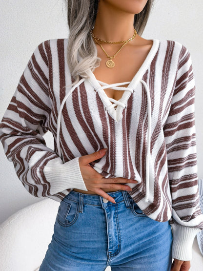 Midnight Magick Striped Lace-Up Long Sleeve Sweater