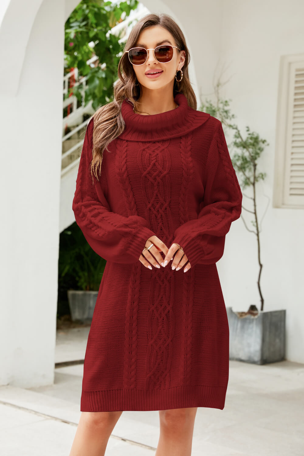 Isolde Cable Knit Turtleneck Lantern Sleeve Sweater Dress