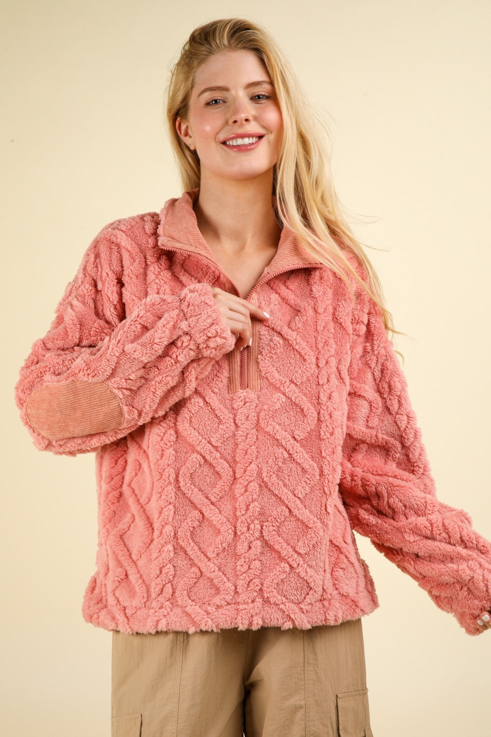 Pink sweater, cable knit sweater, half zip sweater 