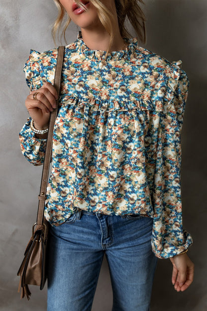 Briar Flowers Mock Neck Ruffle Shoulder Blouse