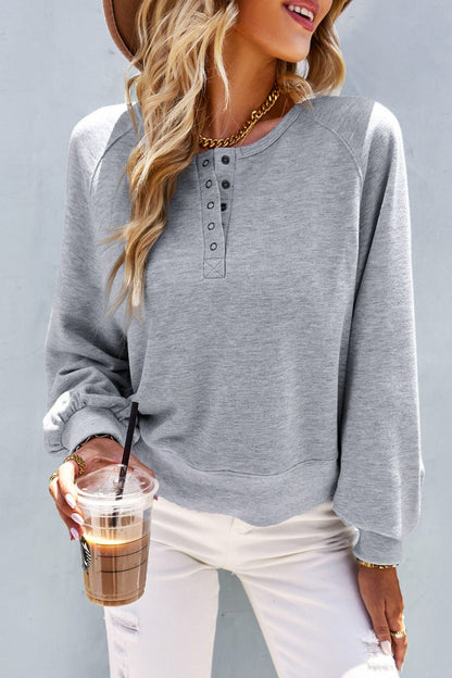 Autumn Skies Balloon Sleeve Henley Sweatshirt