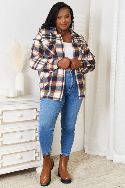 Campus Chic Plaid Button Front Shirt Jacket with Chest Pockets