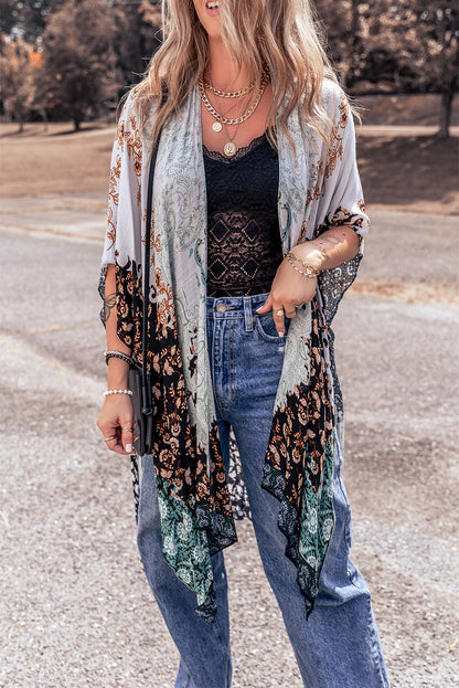 Lace body suit and blue kimono coverup