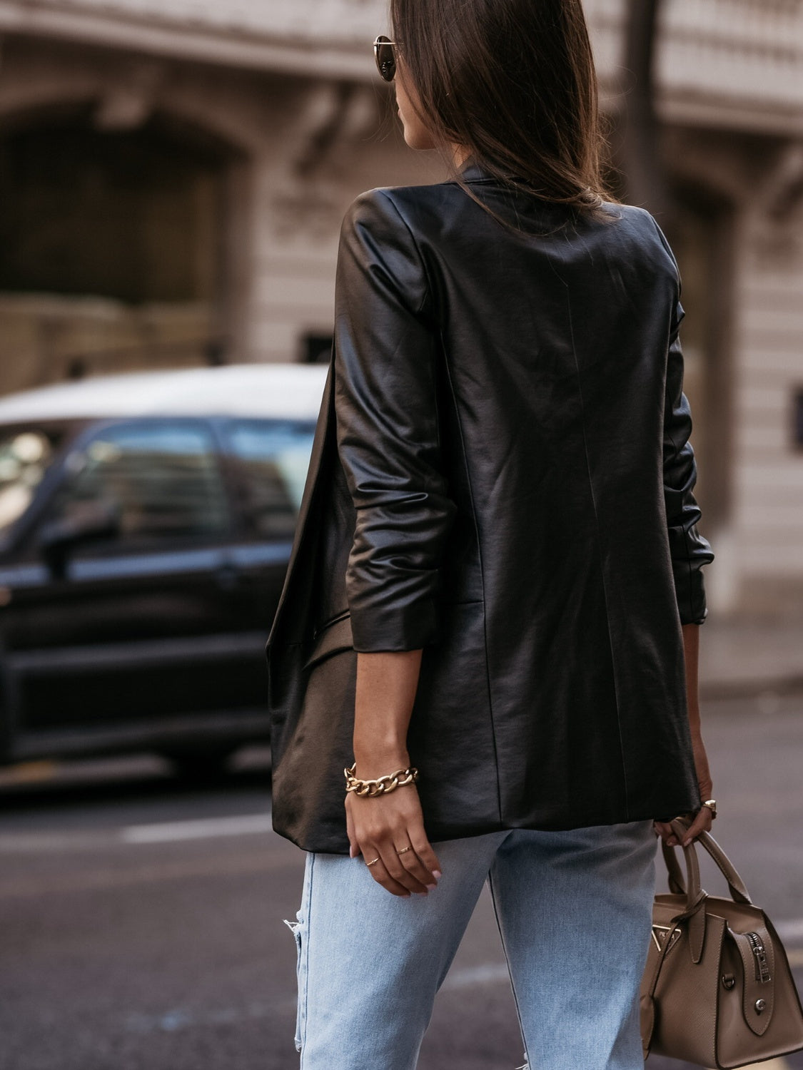 Keep 'em Guessing Faux Leather Open Front Blazer