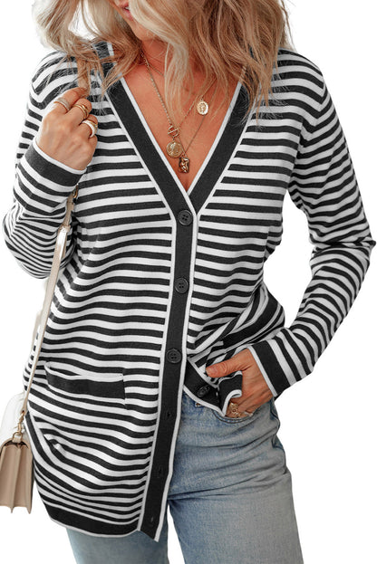 Optical Stripes Open Front Long Sleeve Cardigan