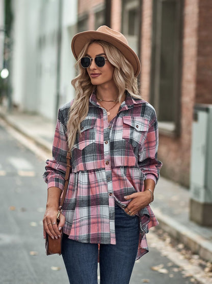 Timeless Textures Plaid Button Up Dropped Shoulder Shirt