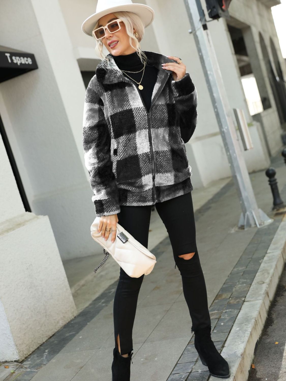 Frosted Glade Plaid Zip-Up Collared Jacket