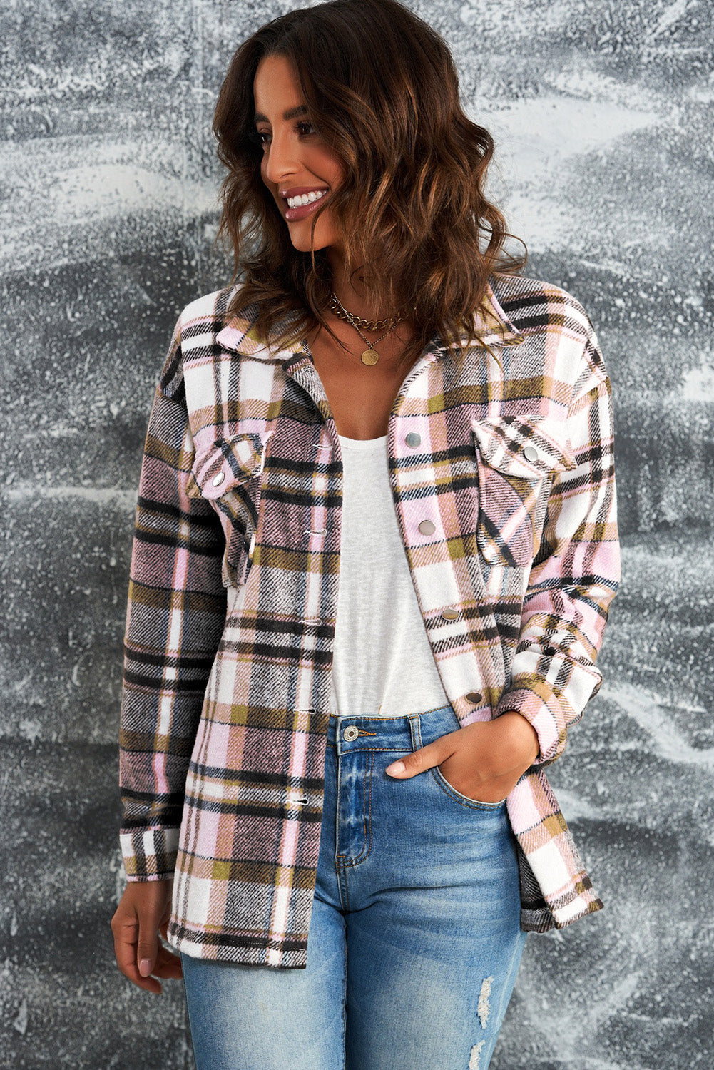 Poison Apples Plaid Button Down Shirt Jacket with Chest Pockets