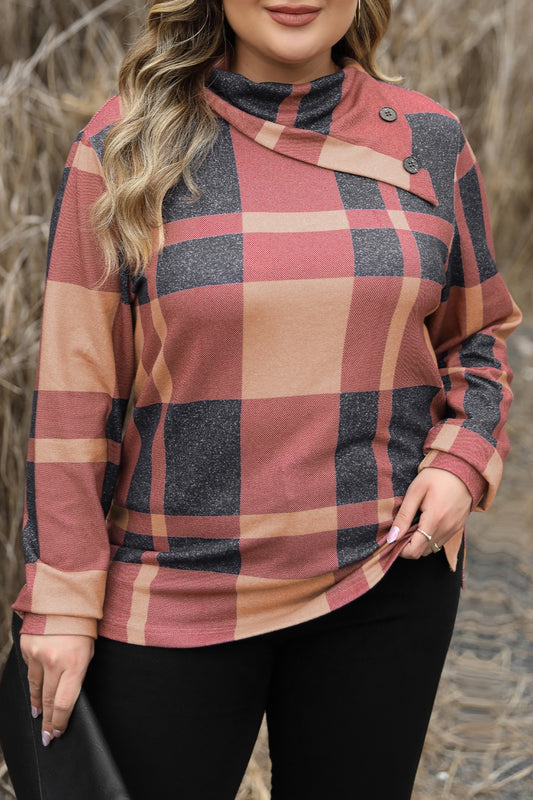 Cider & Spellbinding Plus Size Plaid Cowl Neck Sweatshirt