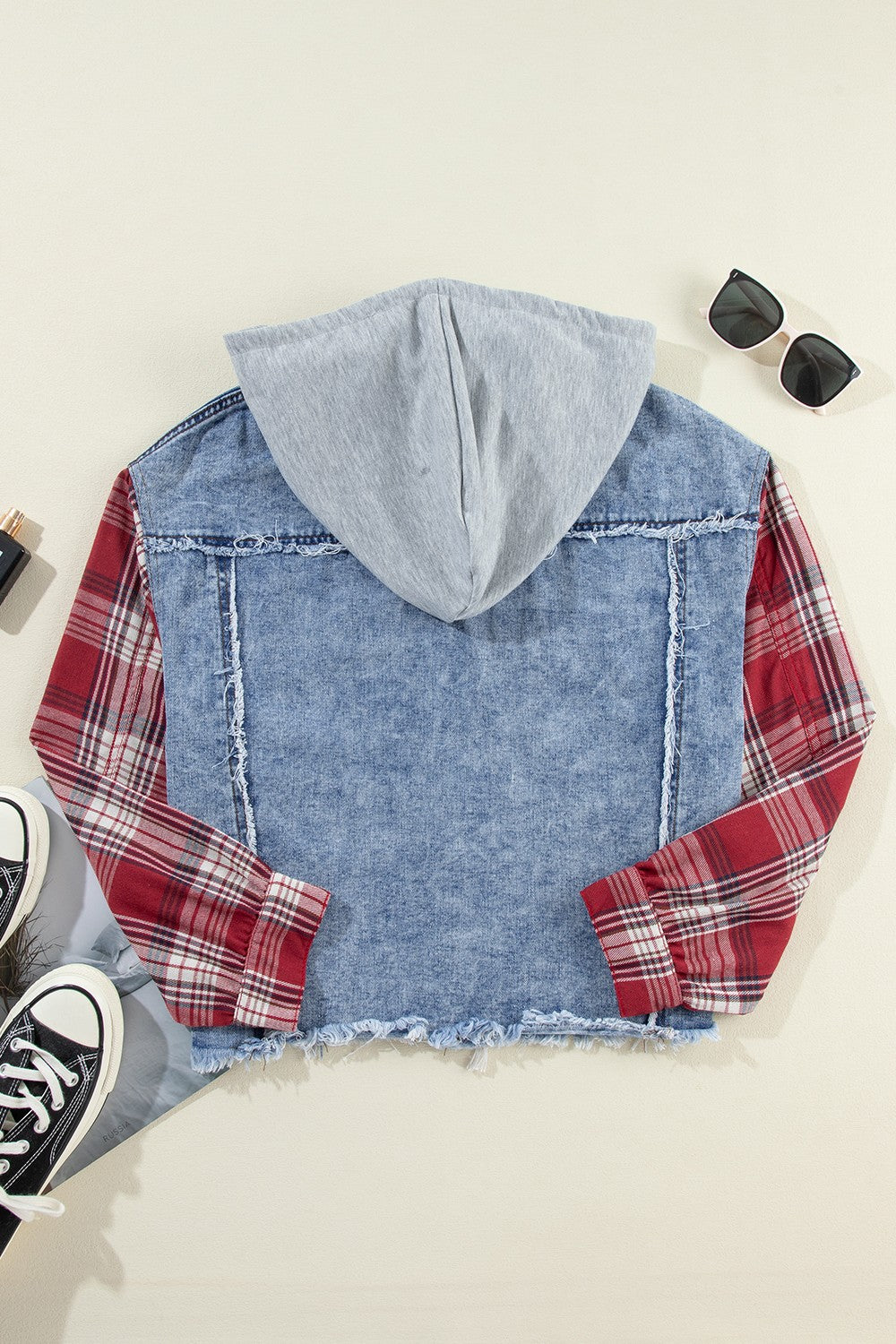 Leaves and Magic Raw Hem Drawstring Plaid Denim Jacket