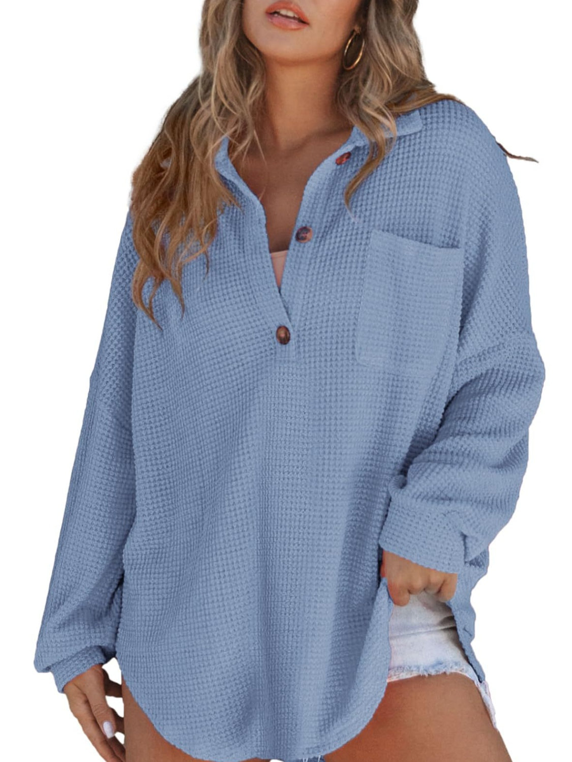 Cozy Cascade Waffle-Knit Dropped Shoulder Long Sleeve Sweatshirt