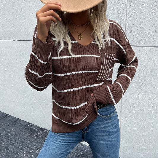 Stormy Lilith Striped V-Neck Slit Dropped Shoulder Sweater