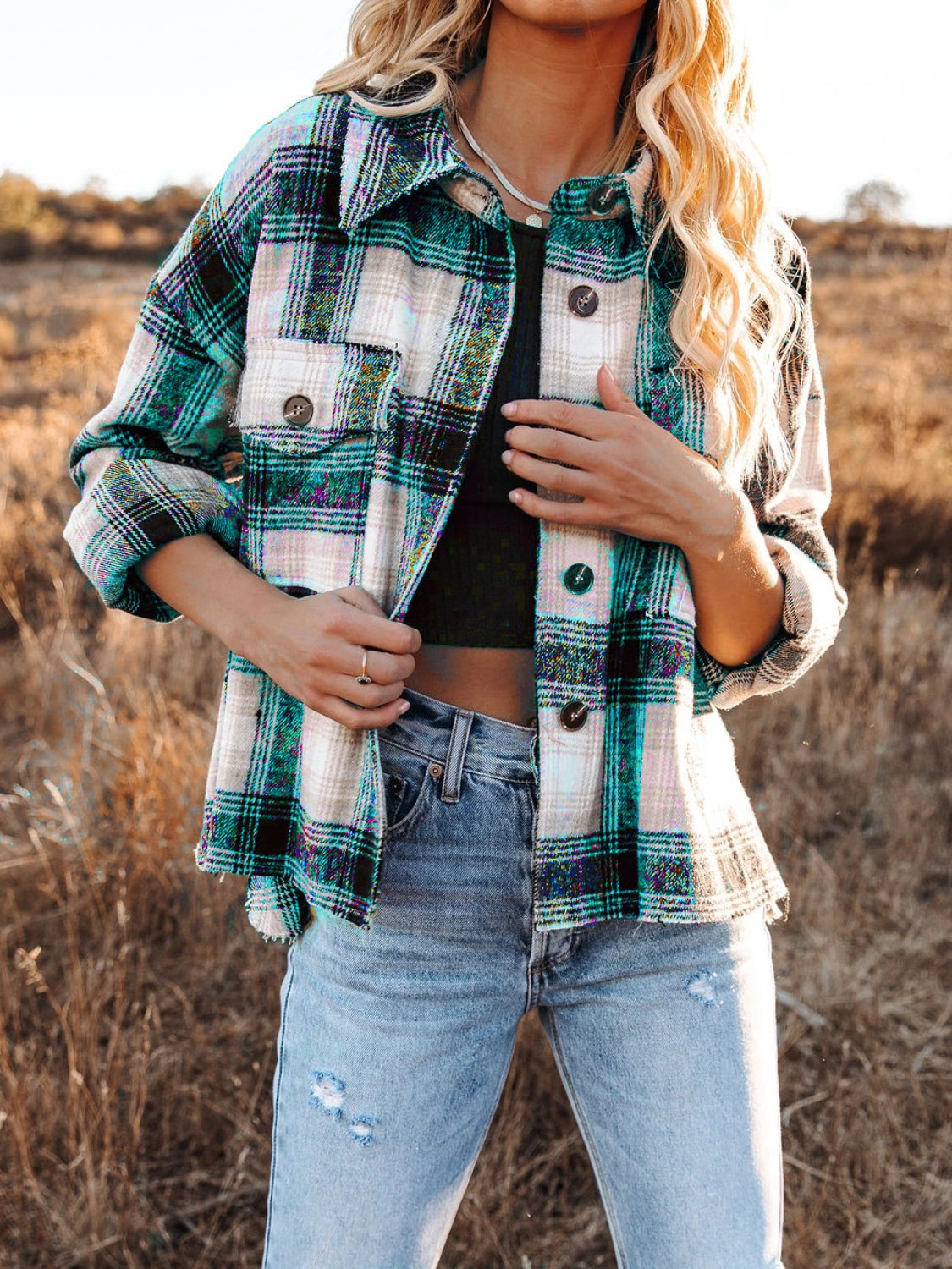 Frosted Fables Pocketed Plaid Button Down Long Sleeve Shacket