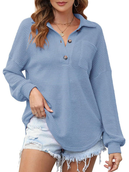 Cozy Cascade Waffle-Knit Dropped Shoulder Long Sleeve Sweatshirt