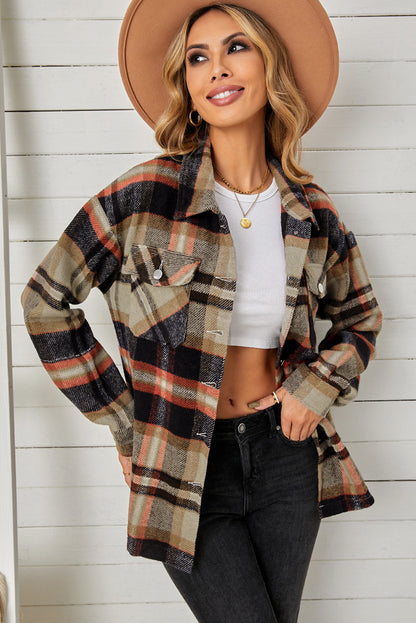 Cascade of Leaves Plaid Pocketed Button Down Shacket