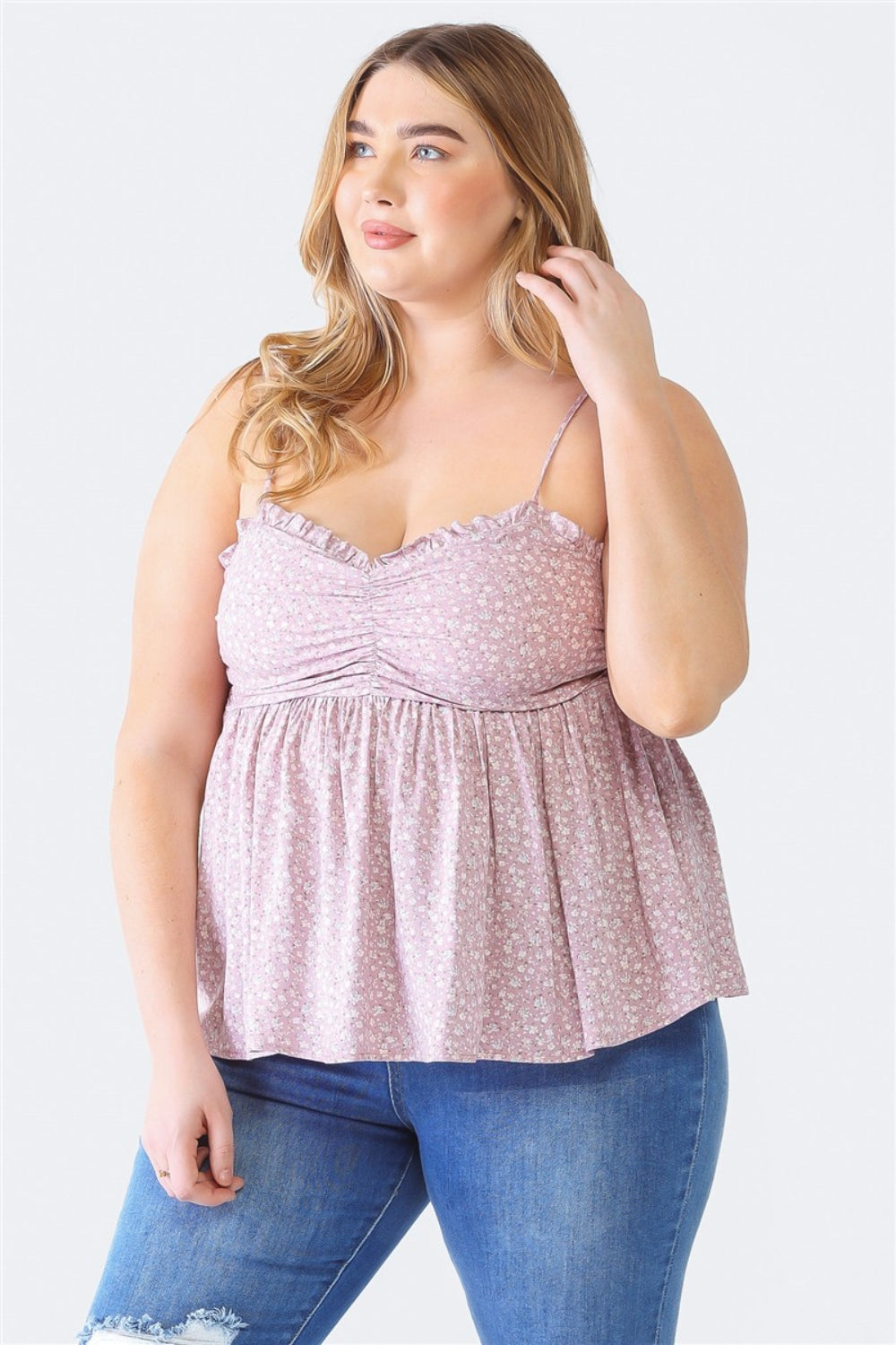 Enchanté Plus Size Frill Smocked Floral Sweetheart Neck Cami