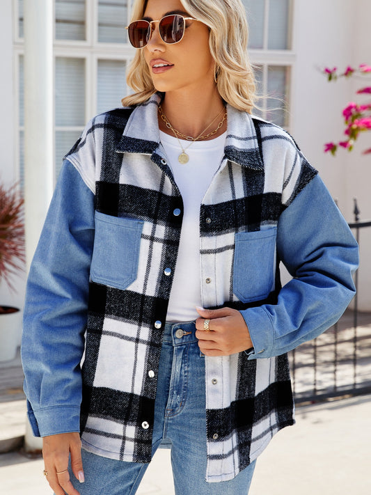 Blue Skies Pocketed Plaid Snap Down Denim Jacket