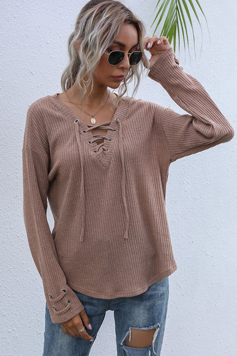 Perfee Lace-Up V-Neck Ribbed Top