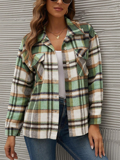 Forest Glade Plaid Collared Neck Long Sleeve Jacket