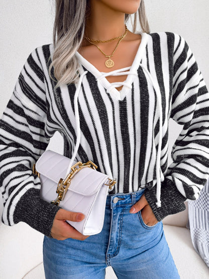 Midnight Magick Striped Lace-Up Long Sleeve Sweater