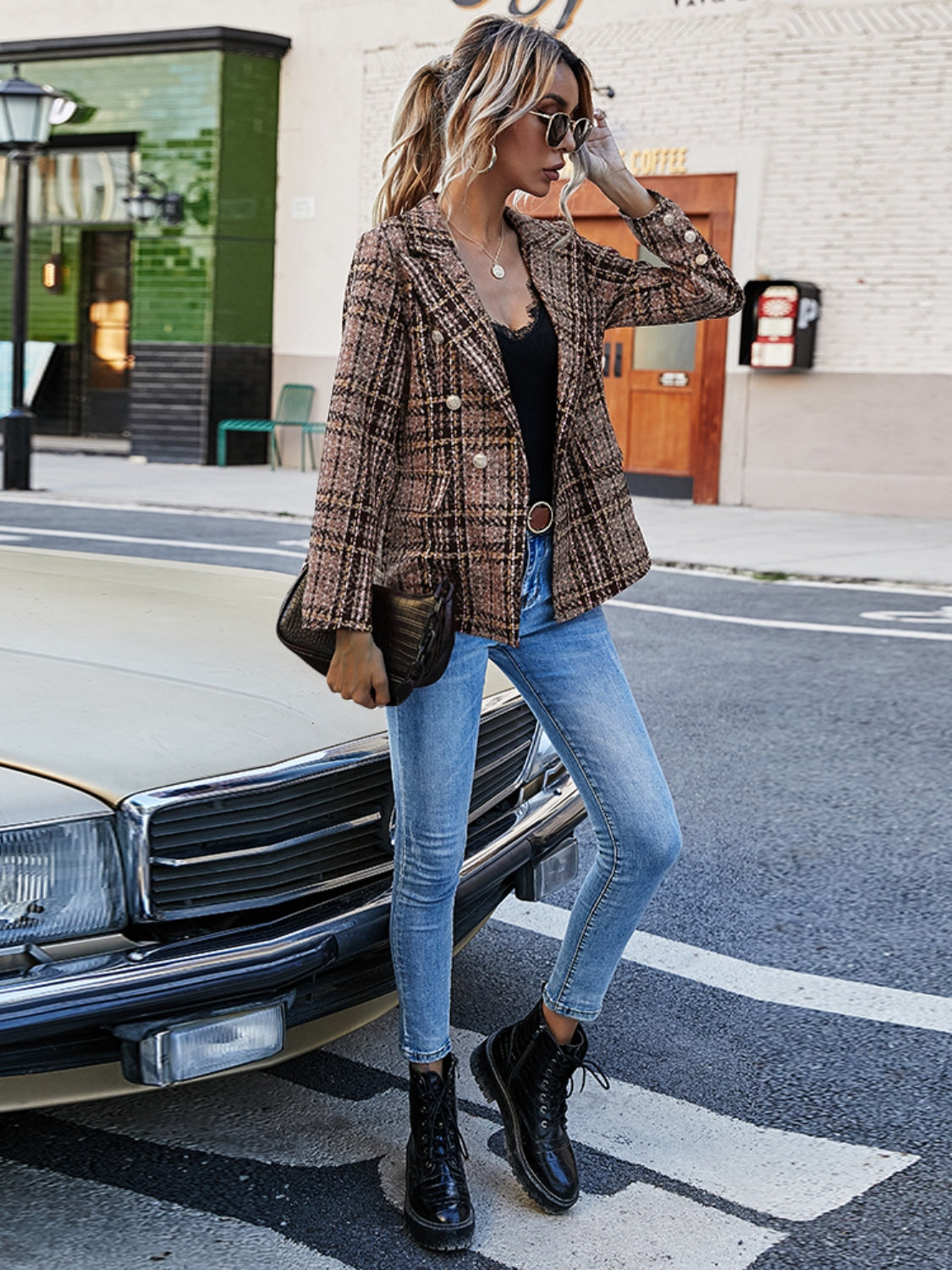 Autumn Allure Plaid Lapel Collar Blazer