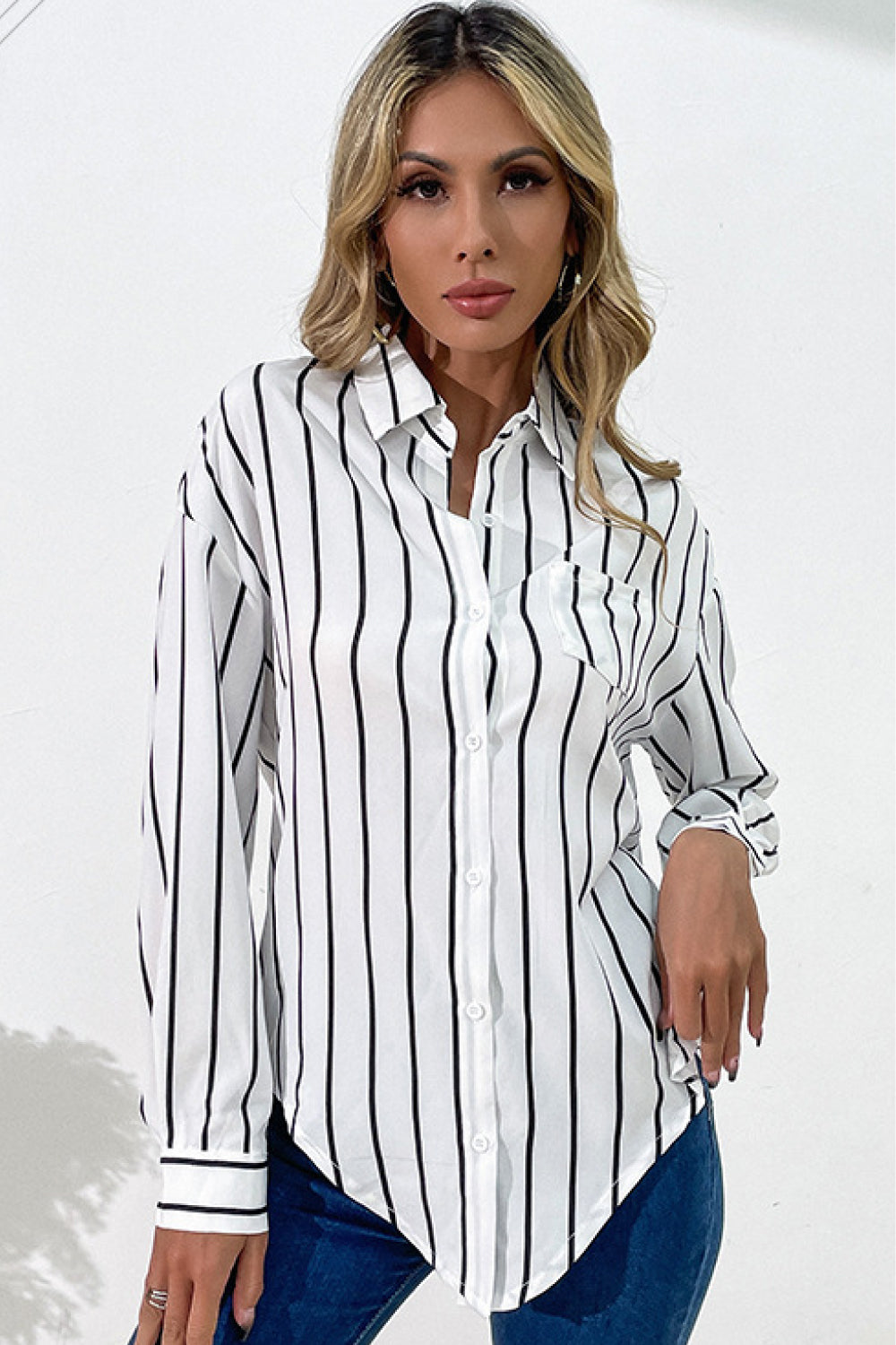 Perfee Vertical Stripes Button Down Shirt