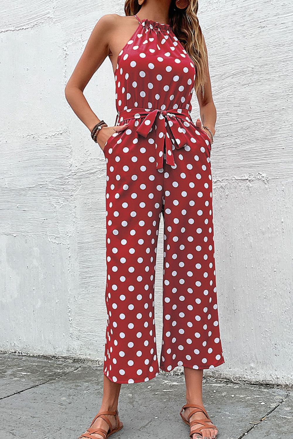 Perfee Polka Dot Grecian Wide Leg Jumpsuit