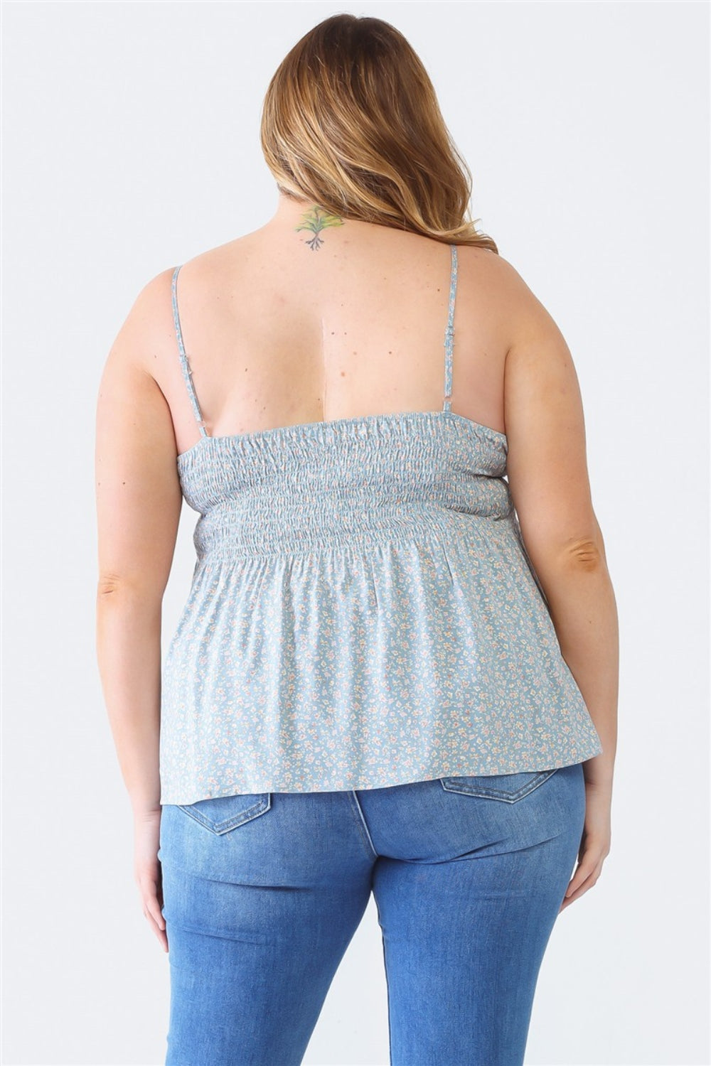 Enchanté Plus Size Frill Smocked Floral Sweetheart Neck Cami