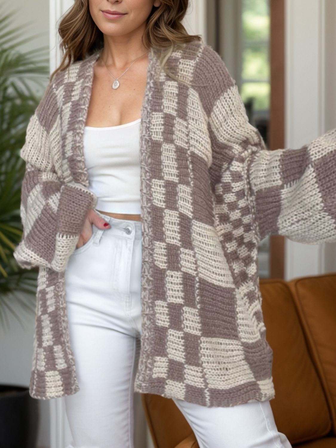 Nutmeg Plaid Open Front Long Sleeve Cardigan