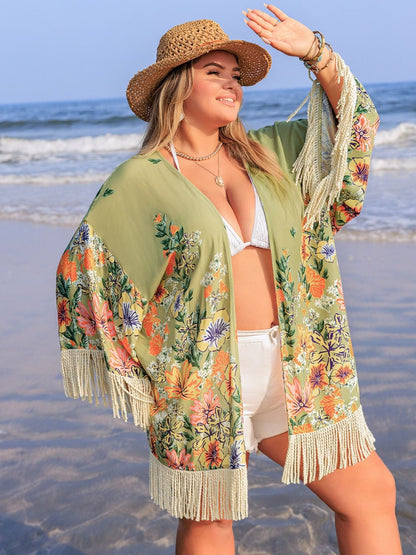 Everlasting Garden Plus Size Fringe Open Front Kimono Cover-Up