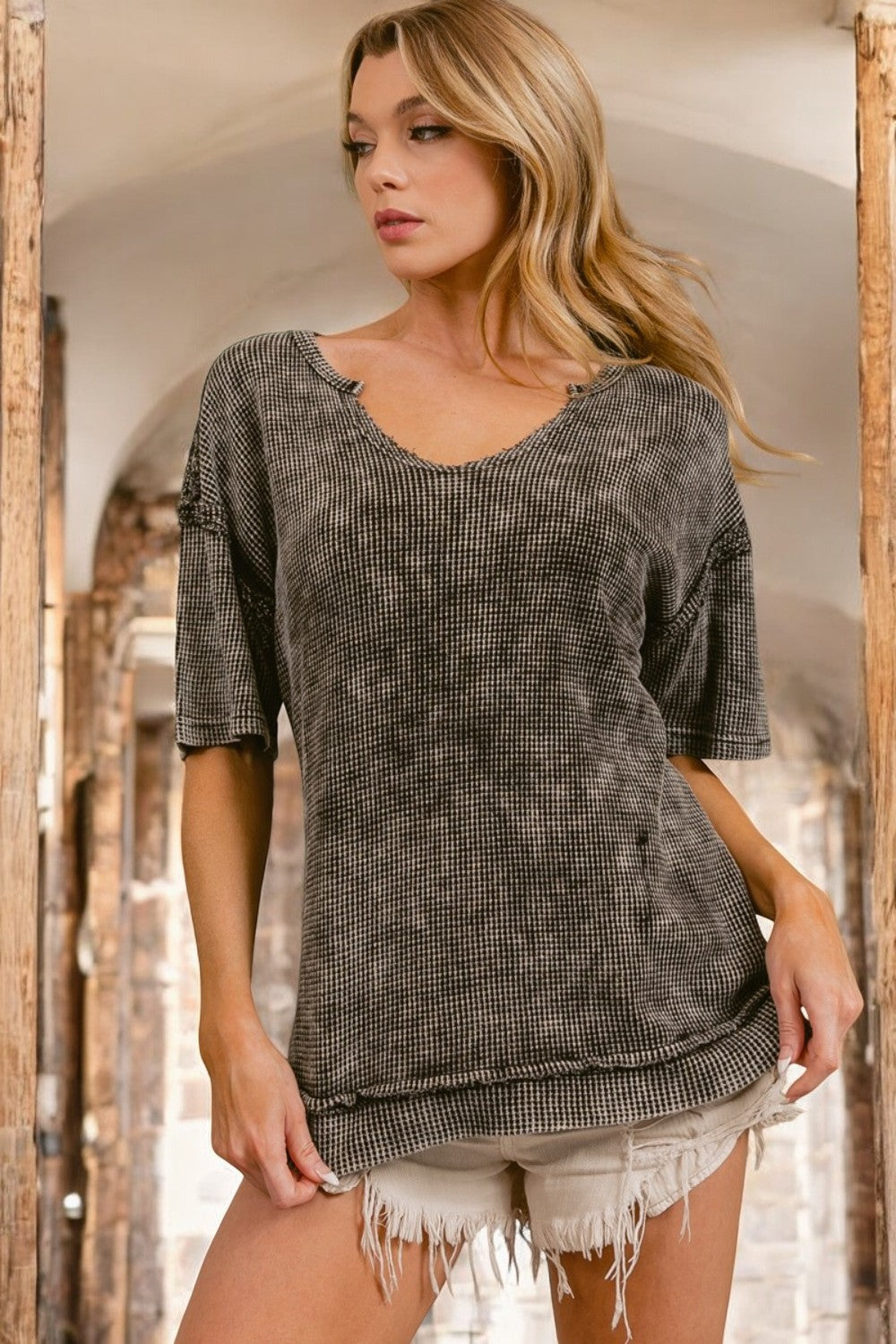 Bewitched Stitch Stone Washed Notched Short Sleeve Top