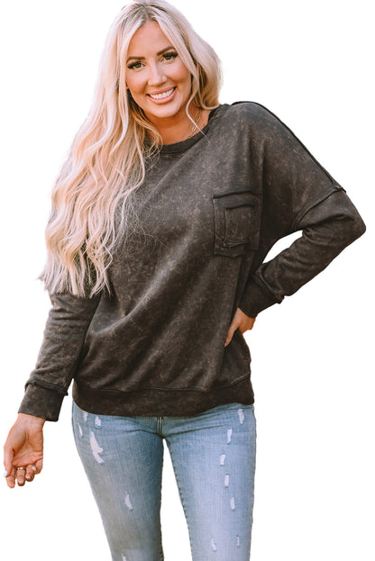 Deepest Secrets Acid Wash Reverse Seam Black Sweatshirt