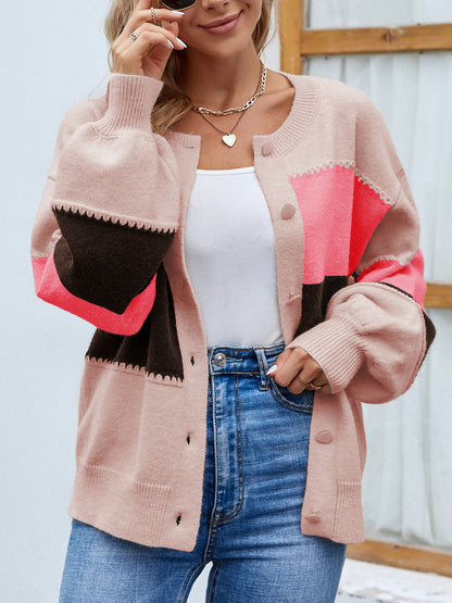 Tell-Tale Thread Color Block Button Up Lantern Sleeve Cardigan