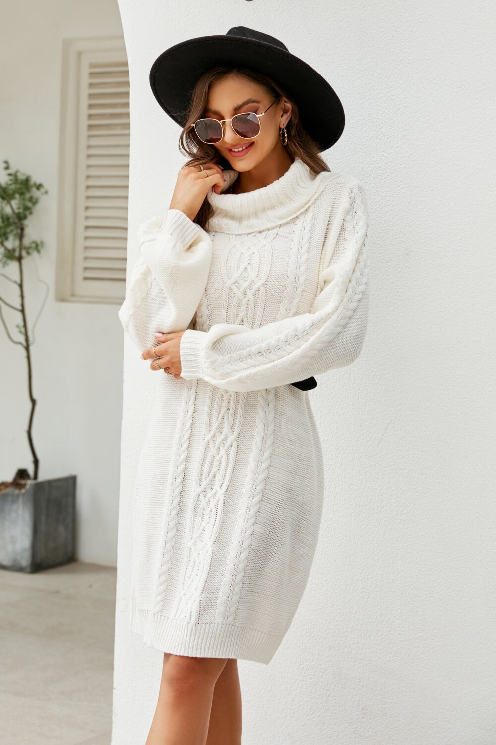 Isolde Cable Knit Turtleneck Lantern Sleeve Sweater Dress