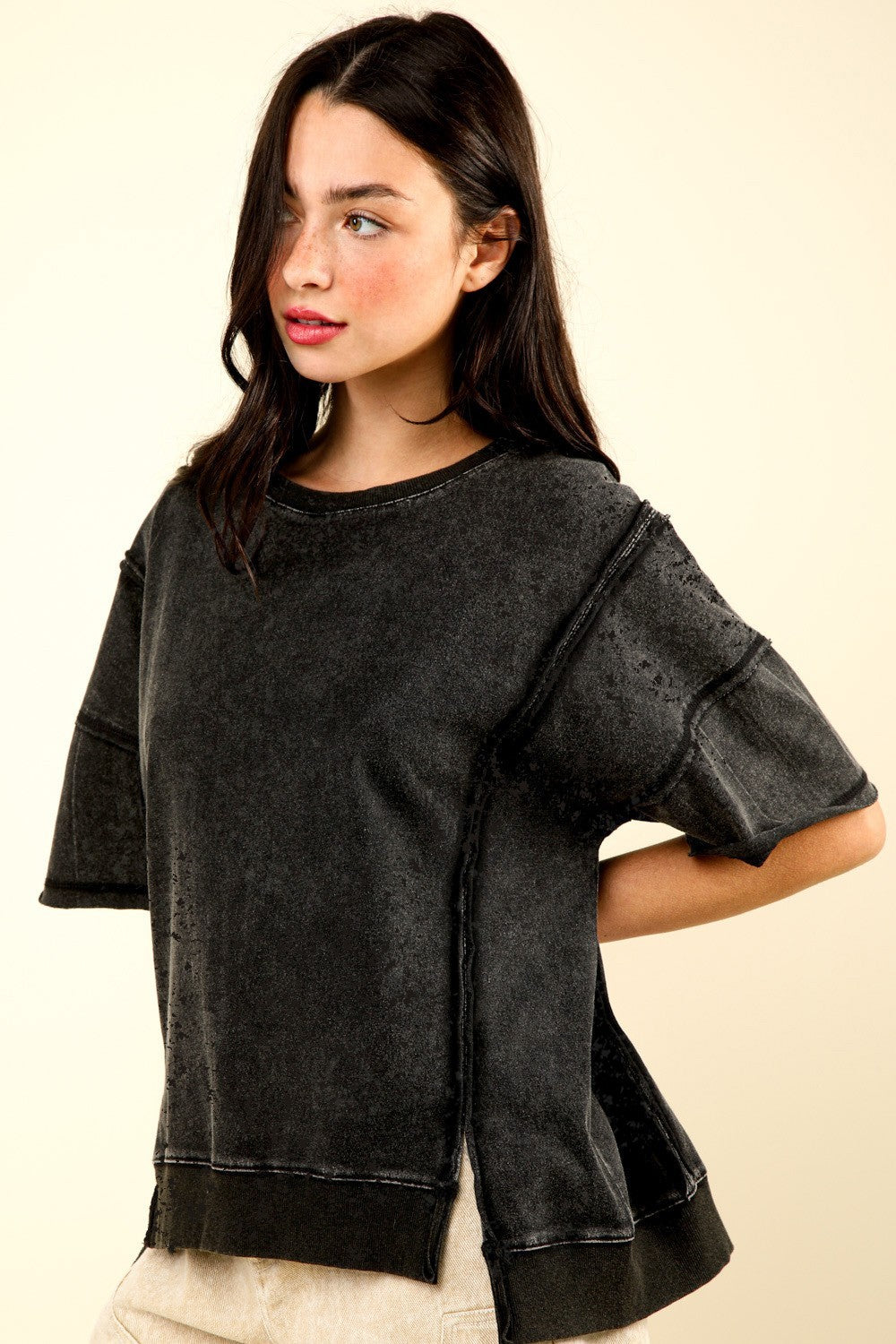 Miss Gravesend Round Neck Exposed Seam Slit T-Shirt