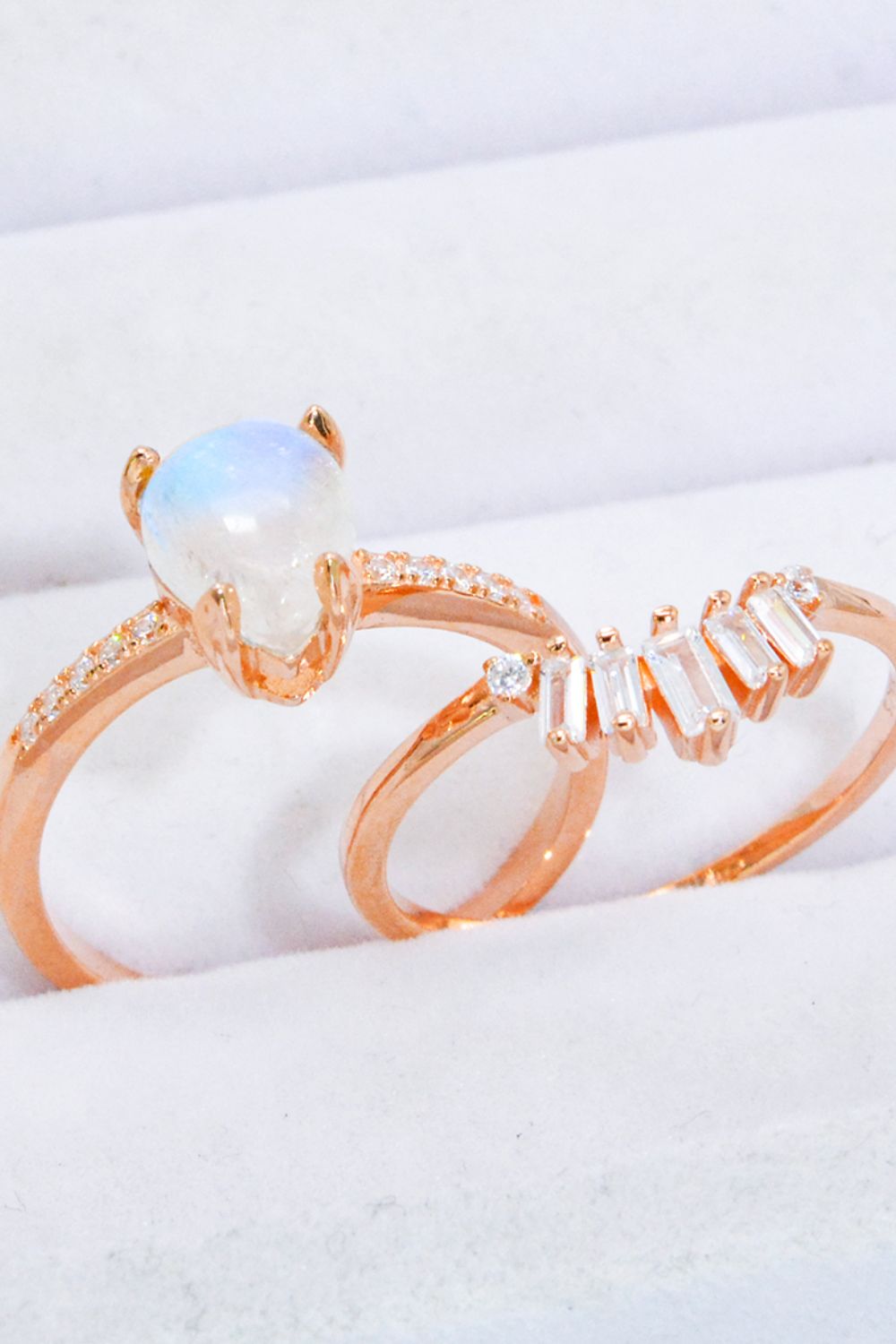 Lunar Illumination Natural Moonstone and 18K Rose Gold-Plated Two-Piece Ring Set