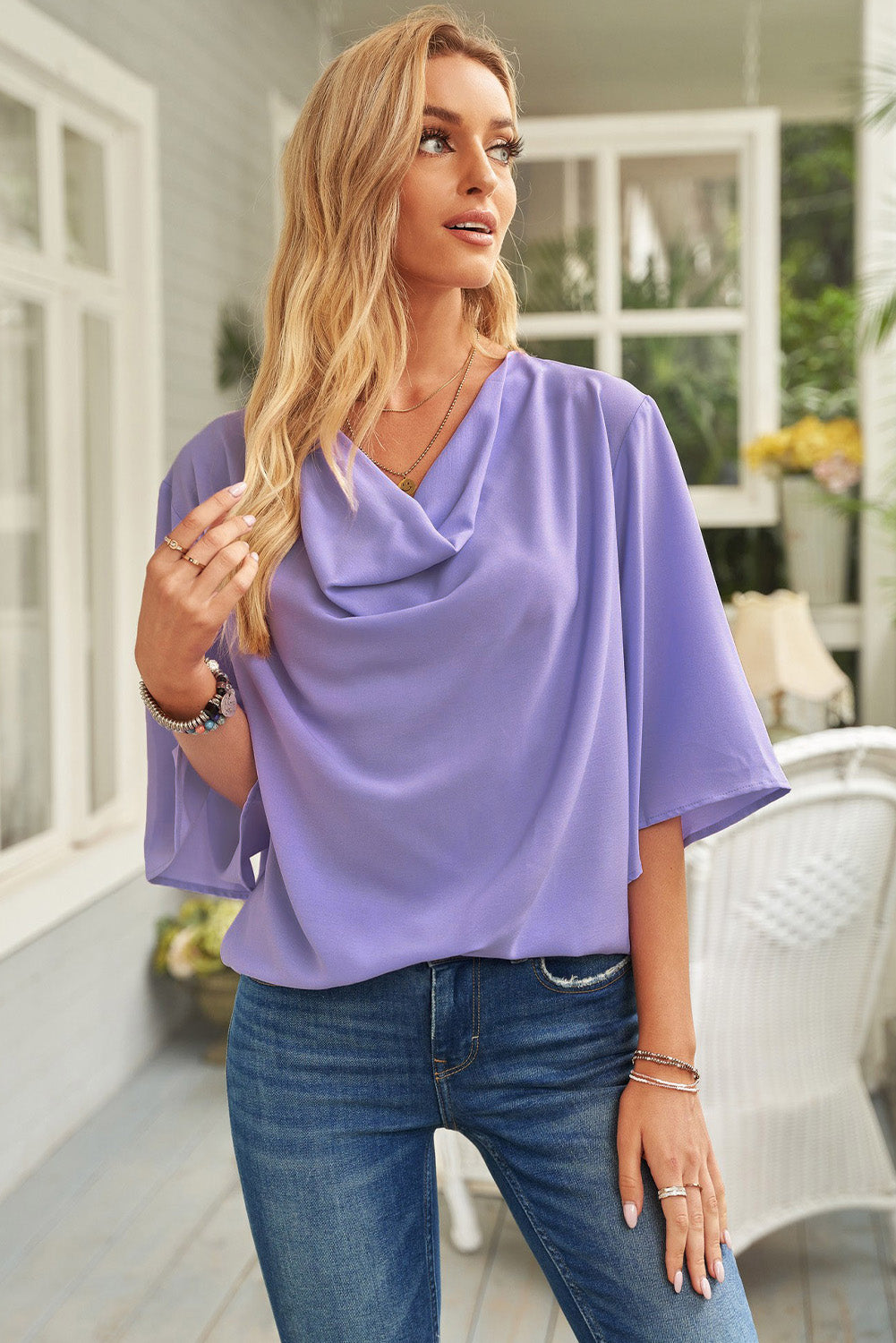 Angelic Waterfall Short Sleeve Draped Blouse