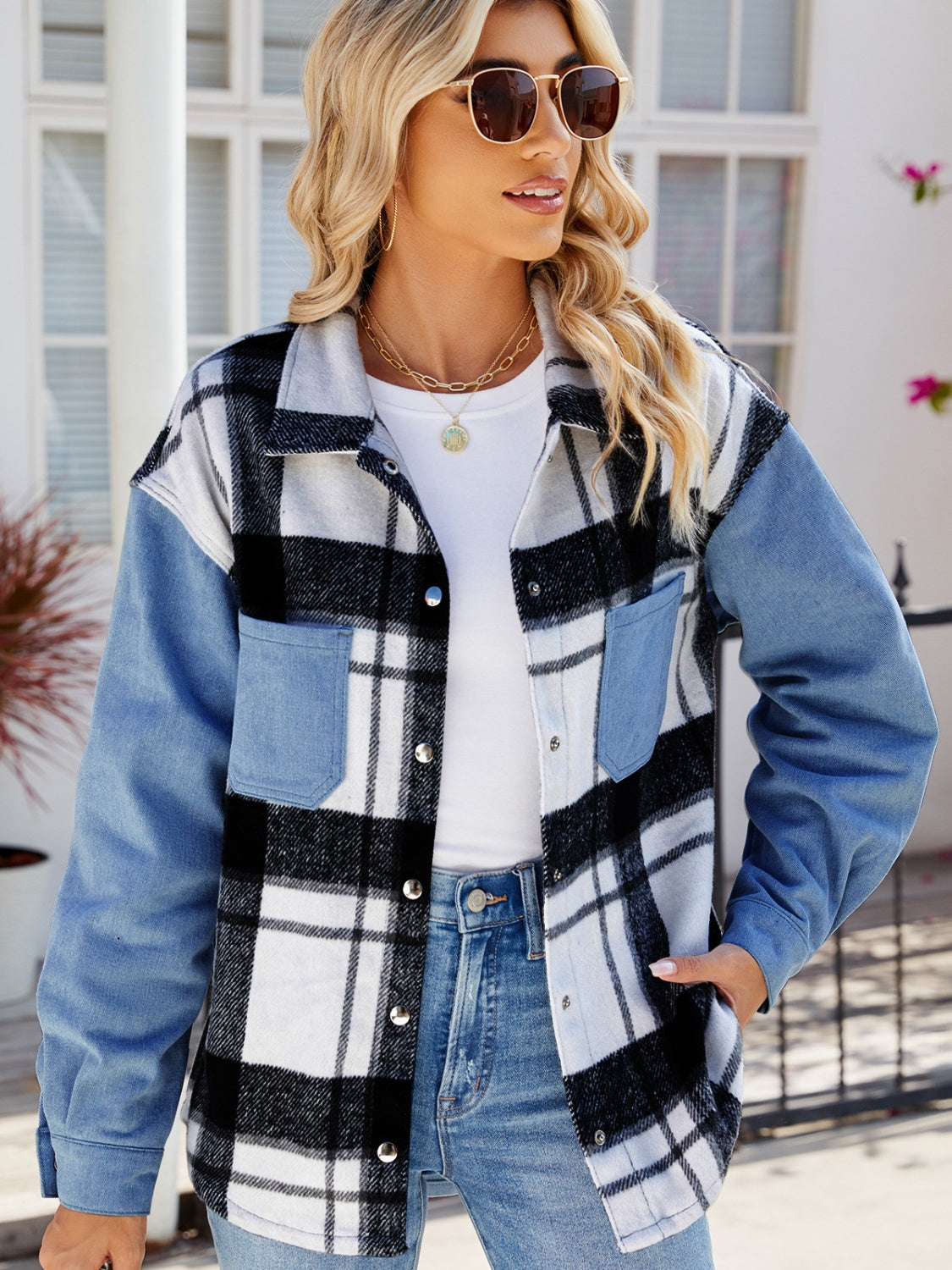 Blue Skies Pocketed Plaid Snap Down Denim Jacket