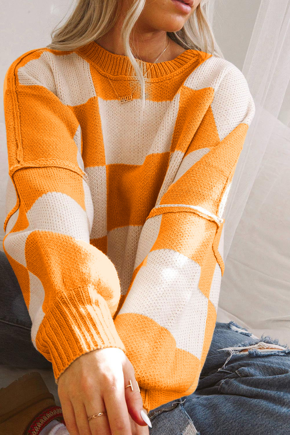 Sweet Tooth Checkered Bishop Sleeve Sweater