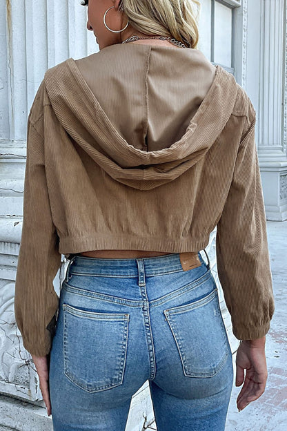 Perfee Zip-Up Corduroy Cropped Hooded Jacket