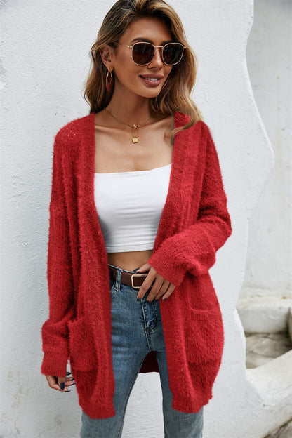 The Wispwool Open Front Openwork Fuzzy Cardigan with Pockets