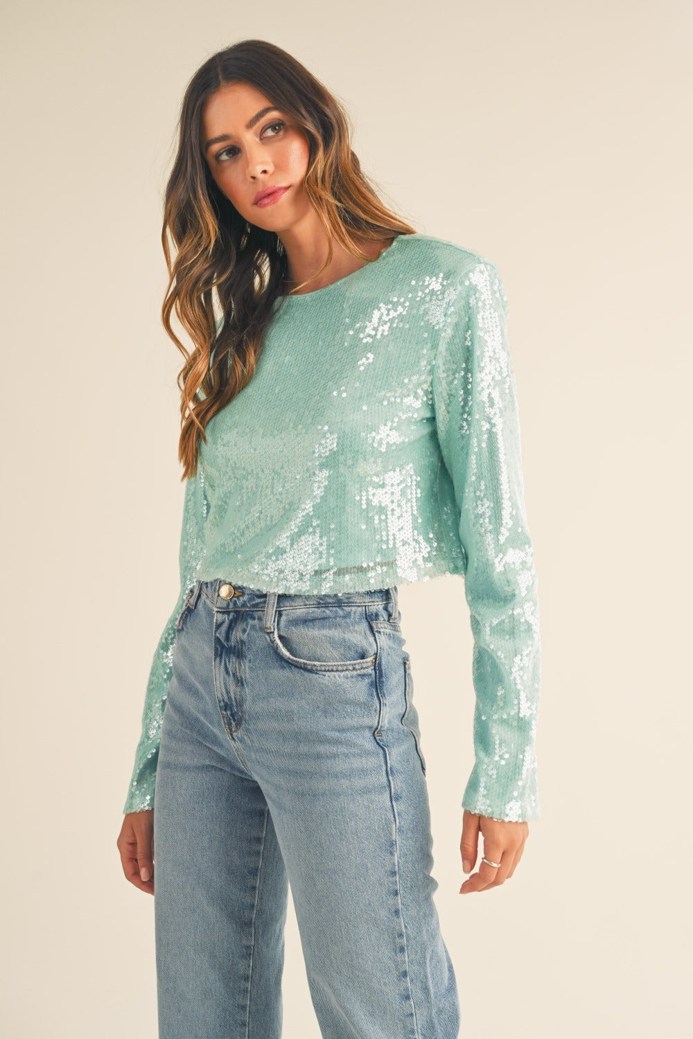 Shimmering Scales Shoulder Padded Sequin Crop Top