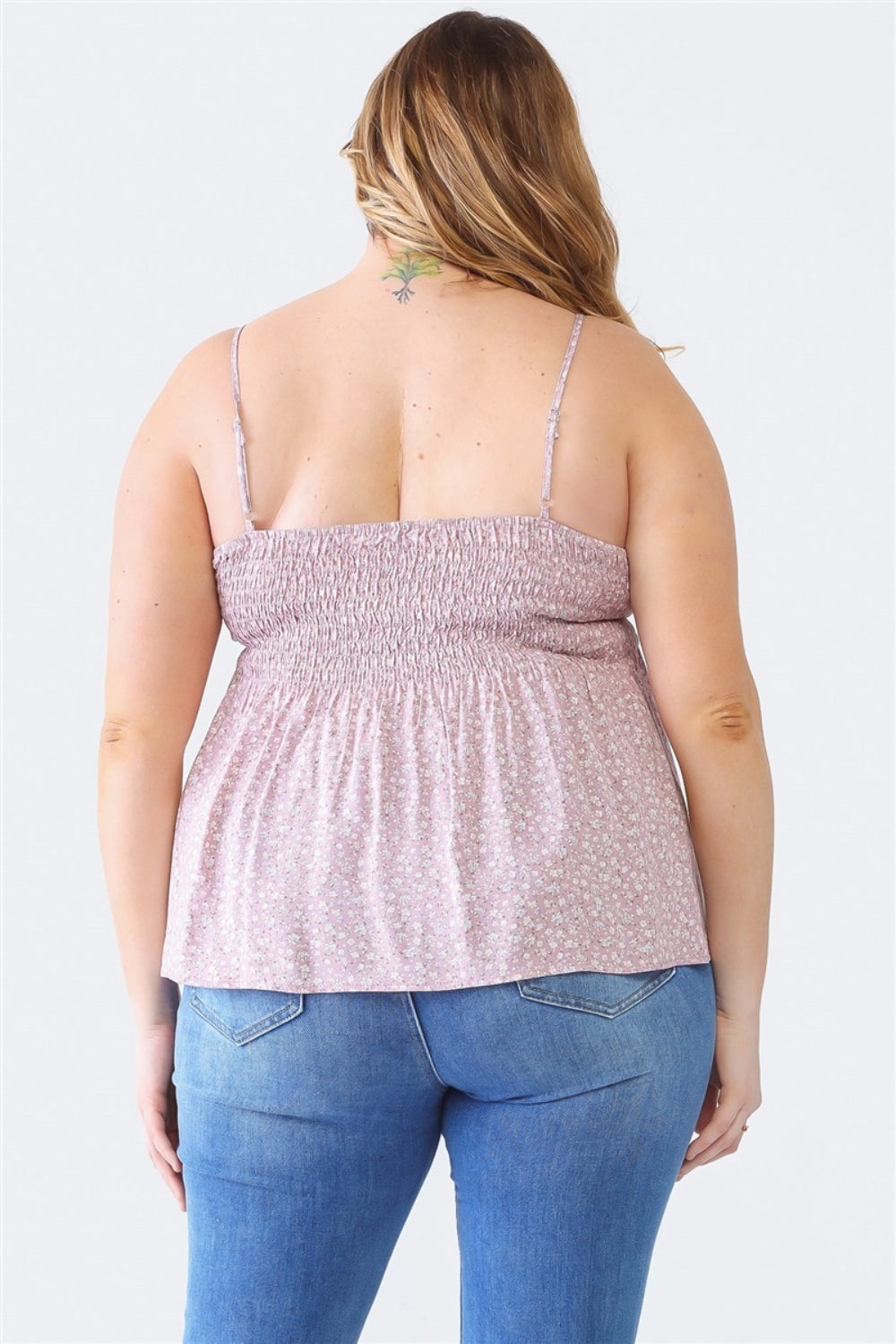 Enchanté Plus Size Frill Smocked Floral Sweetheart Neck Cami